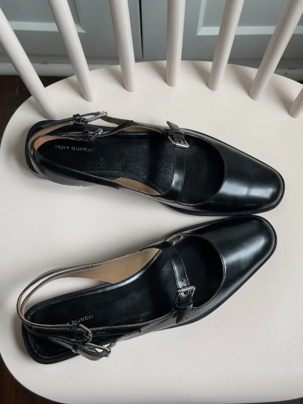 Tory Burch Black Leather Double Buckle Slingback Mary Jane Flats Size 10.5